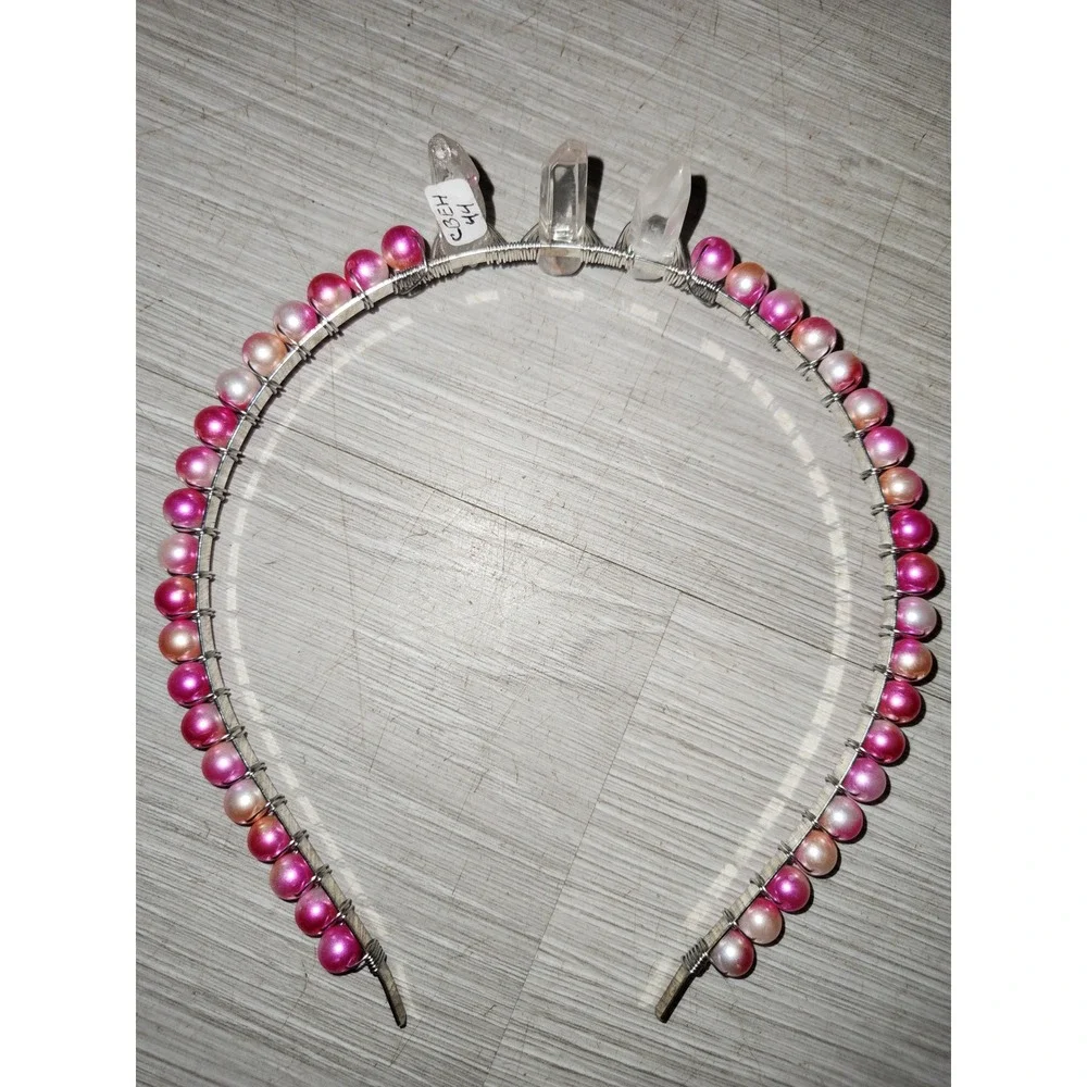 Handmade Pink Pearl and Quartz Crystal Point Wire Wrapped Headband Silver Tone